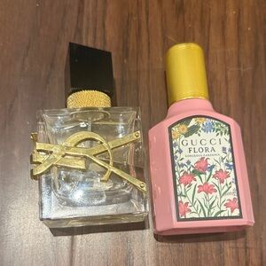YSL Perfume with Gold Accents and Gucci Flora Gorgeous Gardenia